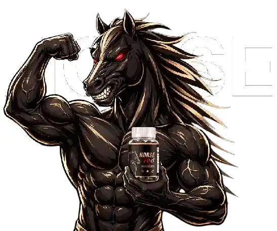 HorseFil mascot flexing with a bottle of HorseFil